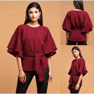 Eva Franco Anthropologie Laszlo Textured Knit Top Medium 3/4 Tier Ruffle Sleeves